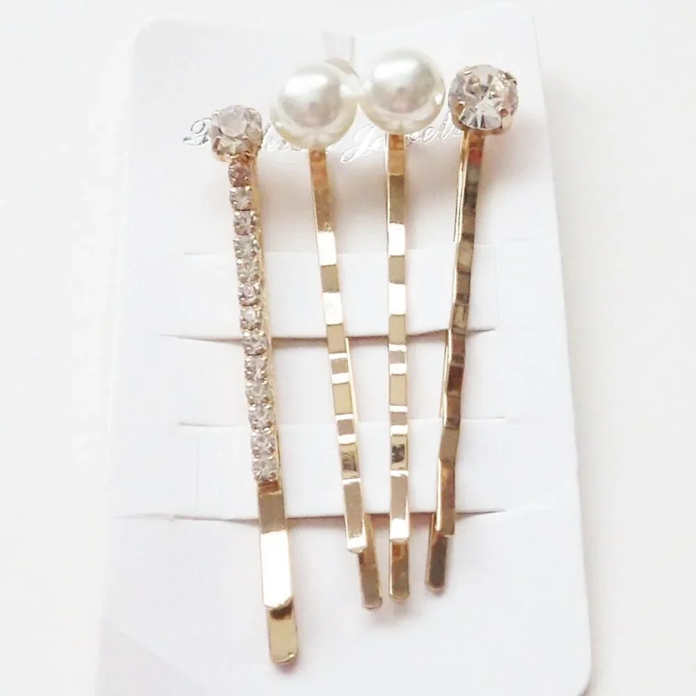 Bundle of 8 Bobby Pins Various Designs Faux Pearl Crystals Gold Tone NEW